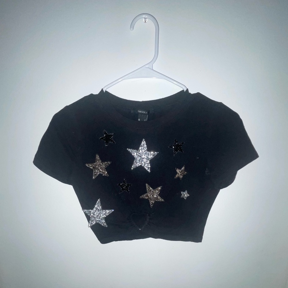 Black crop top with sparkly star iron on patches